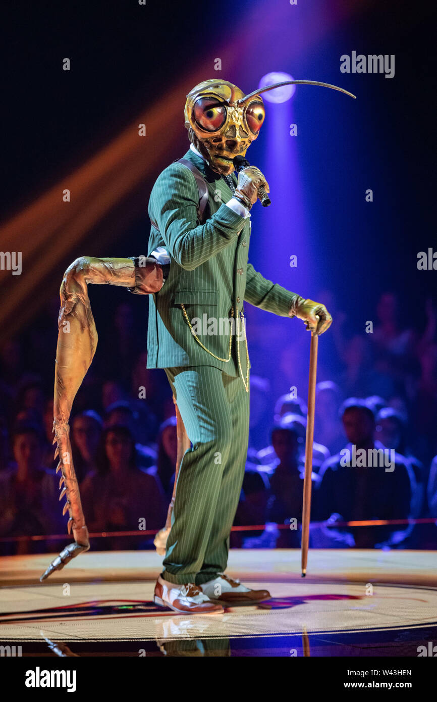 Cologne, Germany. 18th July, 2019. The character "Grashüpfer" performs on  stage at the ProSieben show "The Masked Singer". Credit: Marcel  Kusch/dpa/Alamy Live News Stock Photo - Alamy