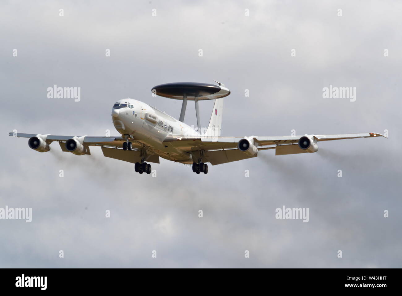NATO AWACS Boeing E-3A Sentry arriving at the Royal International Air Tattoo RIAT 2019 at RAF Fairford, Gloucestershire, UK Stock Photo