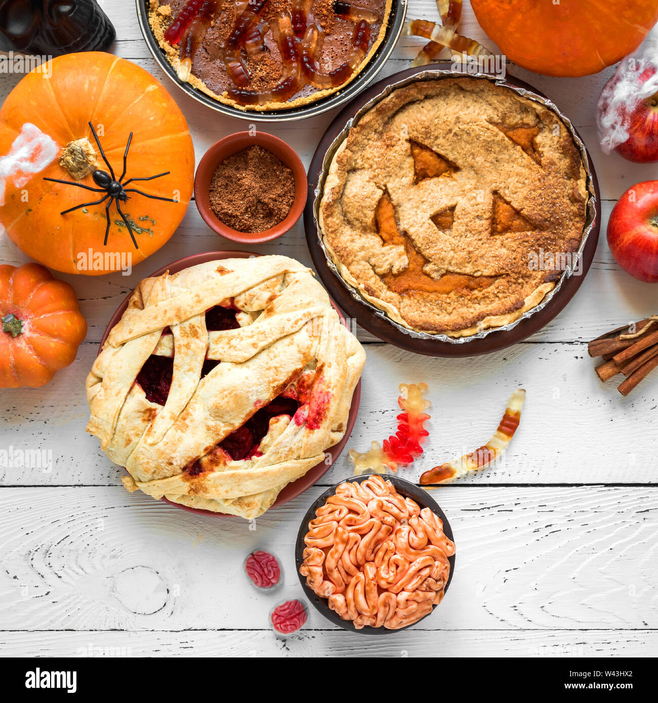 Halloween Pies Pumpkin Mummy Brain Worms Festive Halloween Homemade Pastries And Desserts Assortment And Autumn Decor Top View Copy Space Stock Photo Alamy