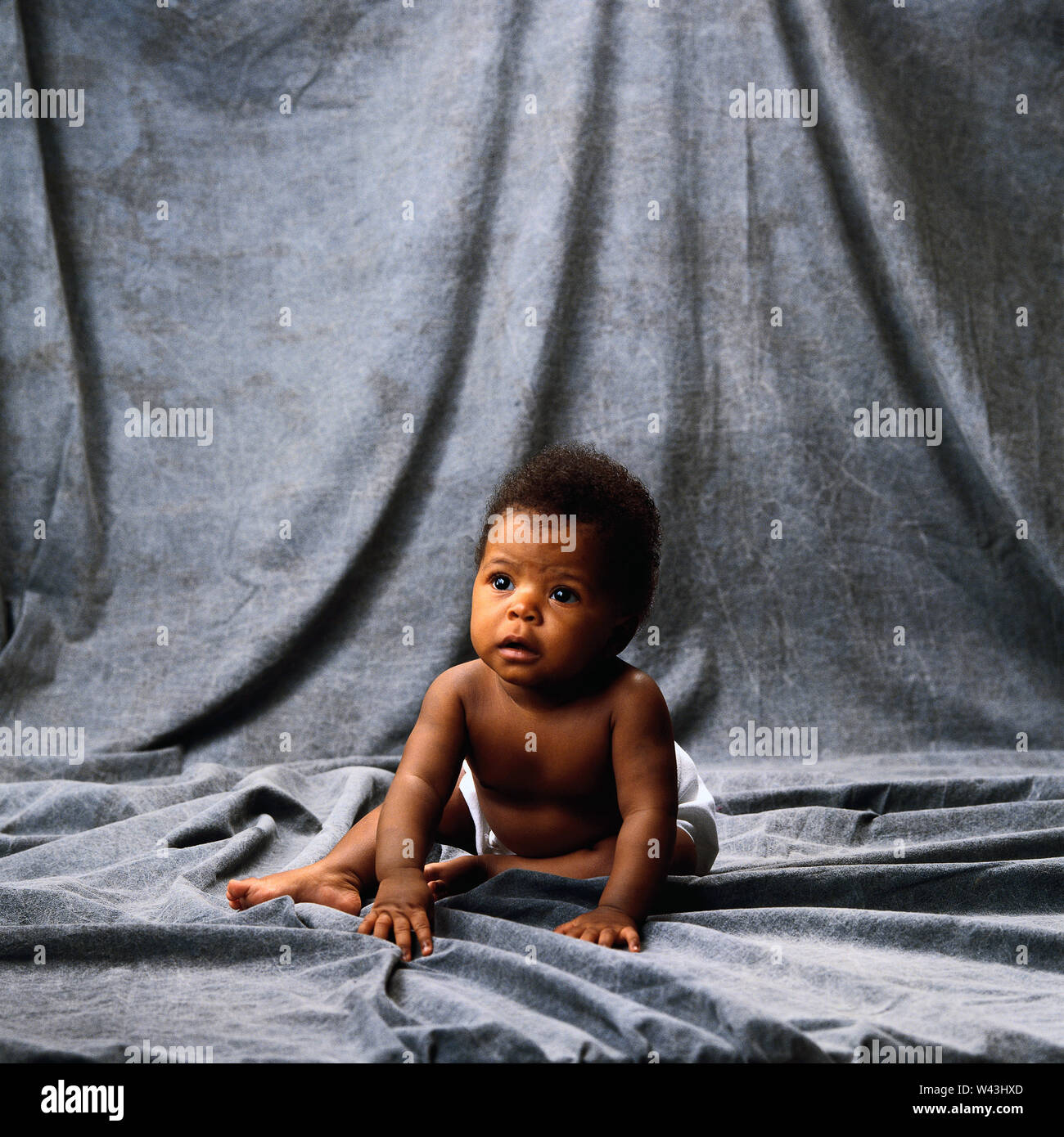 African-American toddler on  Gray background looking at camera Stock Photo