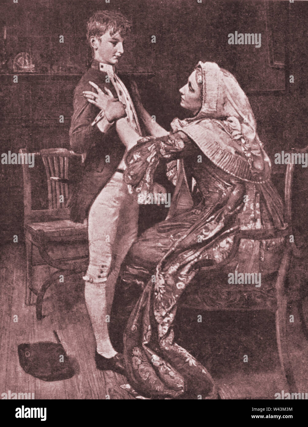 A romantic (if not historically correct) 1936 illustration   showing Horatio Nelson (1758-1805) as a boy of 12 saying goodbye to his mother before joining the Navy  in 1770.His mother, Catherine Suckling (1725 – 1767) actually died on 26 December 1767, when he was nine years old Stock Photo