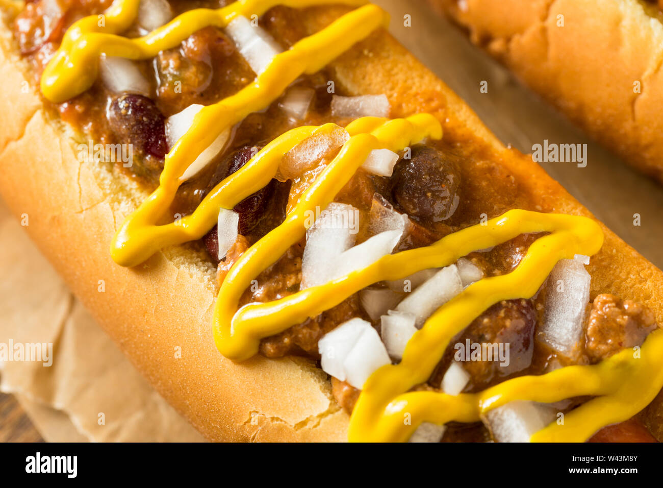 Homemade Detroit Style Chili Dog with Mustard and Onion Stock Photo Alamy