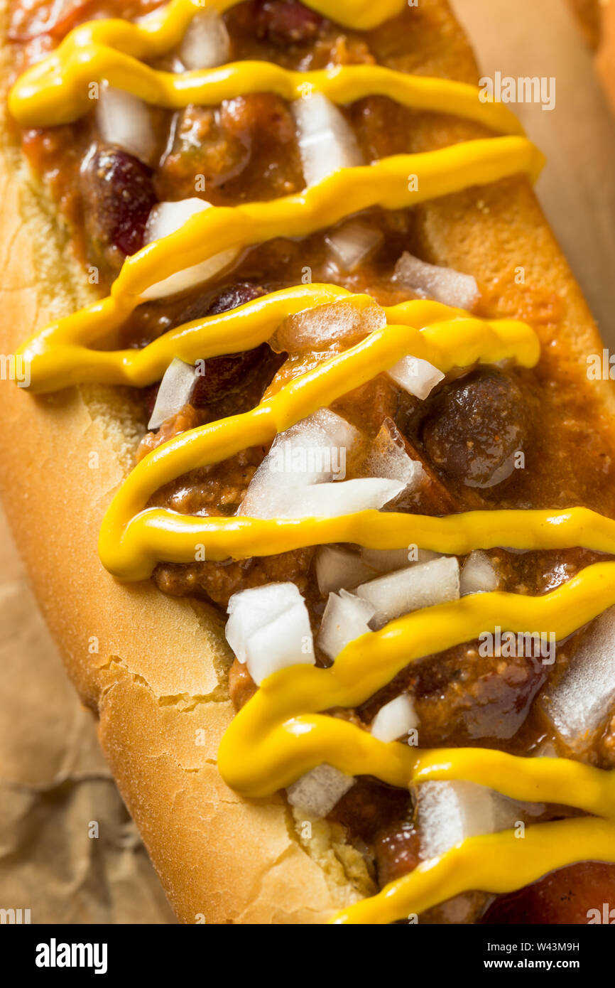 Homemade Detroit Style Chili Dog with Mustard and Onion Stock Photo Alamy