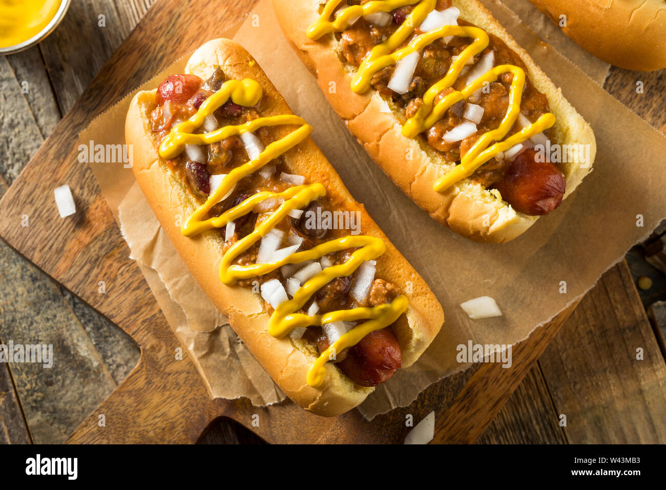 Homemade Detroit Style Chili Dog with Mustard and Onion Stock Photo Alamy