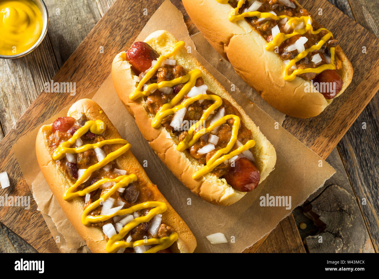 Homemade Detroit Style Chili Dog with Mustard and Onion Stock Photo Alamy