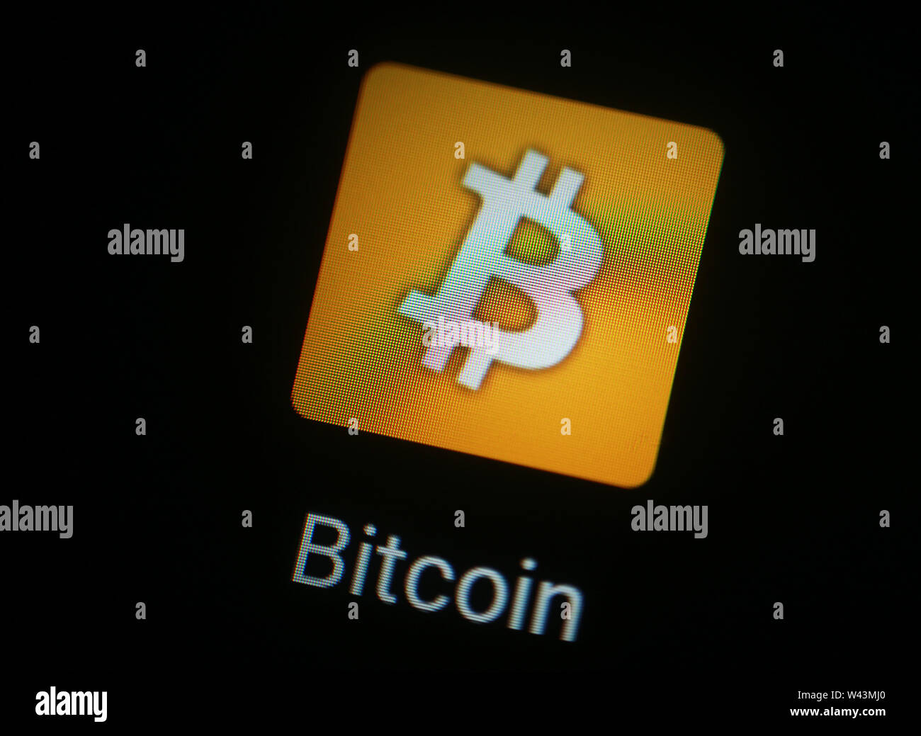 Bitcoin application icon on computer display Stock Photo