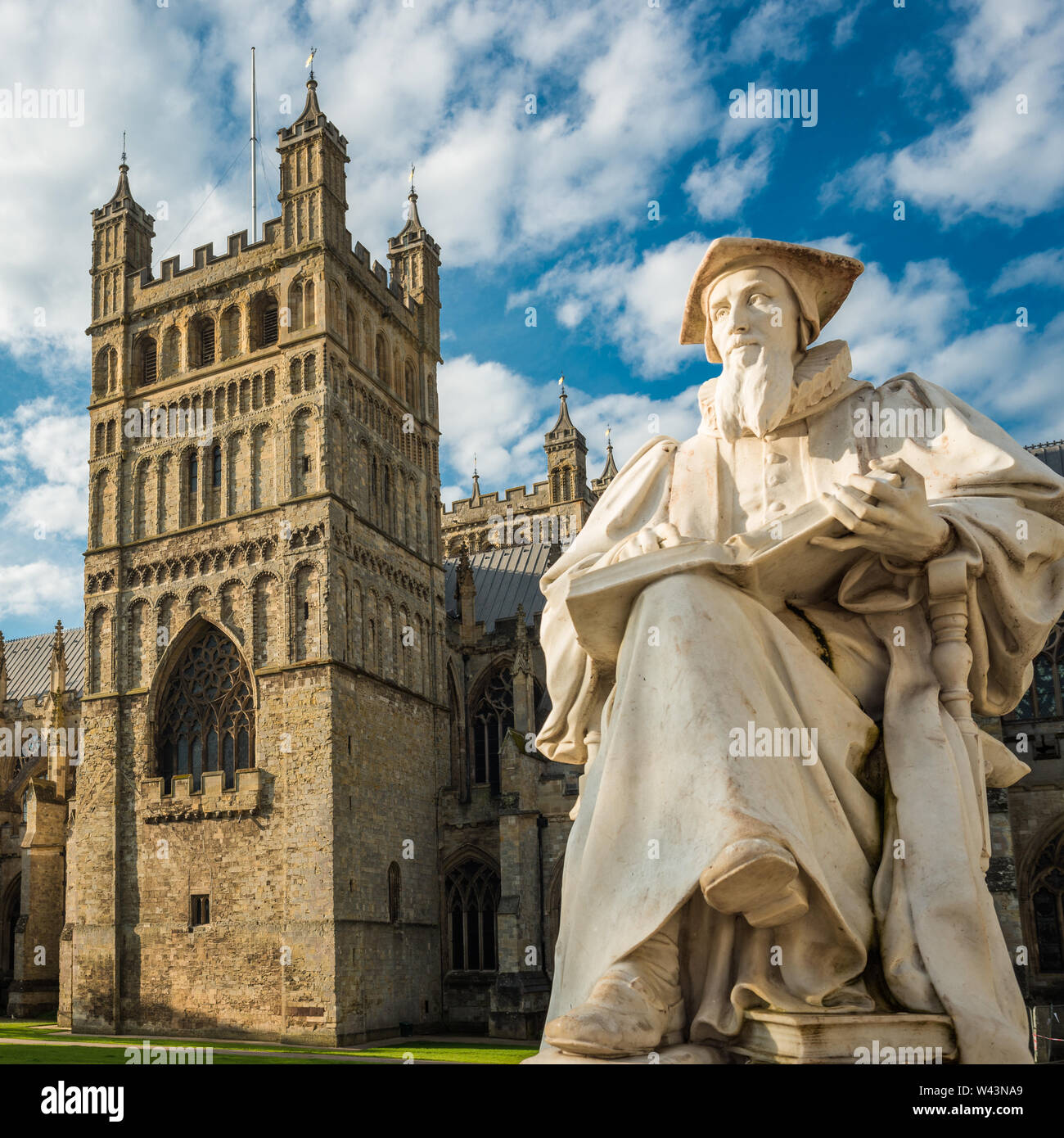 Exeter Cathedral with statue of Richard Hooker. Devon. England. UK. Stock Photo