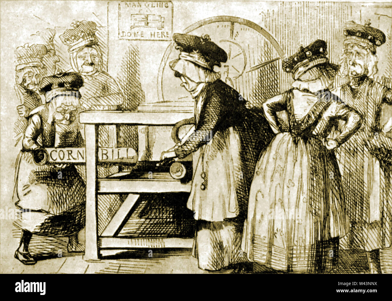 Political cartoon from the 1840's  mocking the aristocracy who were accused of mangling the repeal of the CORN LAWS,  tariffs and other trade restrictions on imported food and grain causing high food prices. Stock Photo