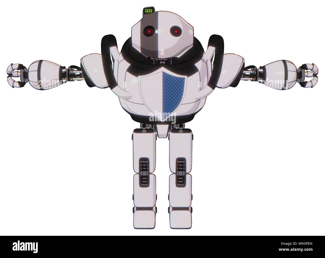 Mech containing elements: oval wide head, small red led eyes, green led ...