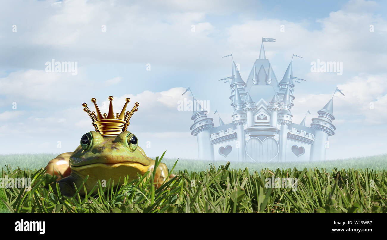 Frog prince fairy tale castle background as a magical story concept with a gold crown with an amphibian waiting for a princess kiss. Stock Photo