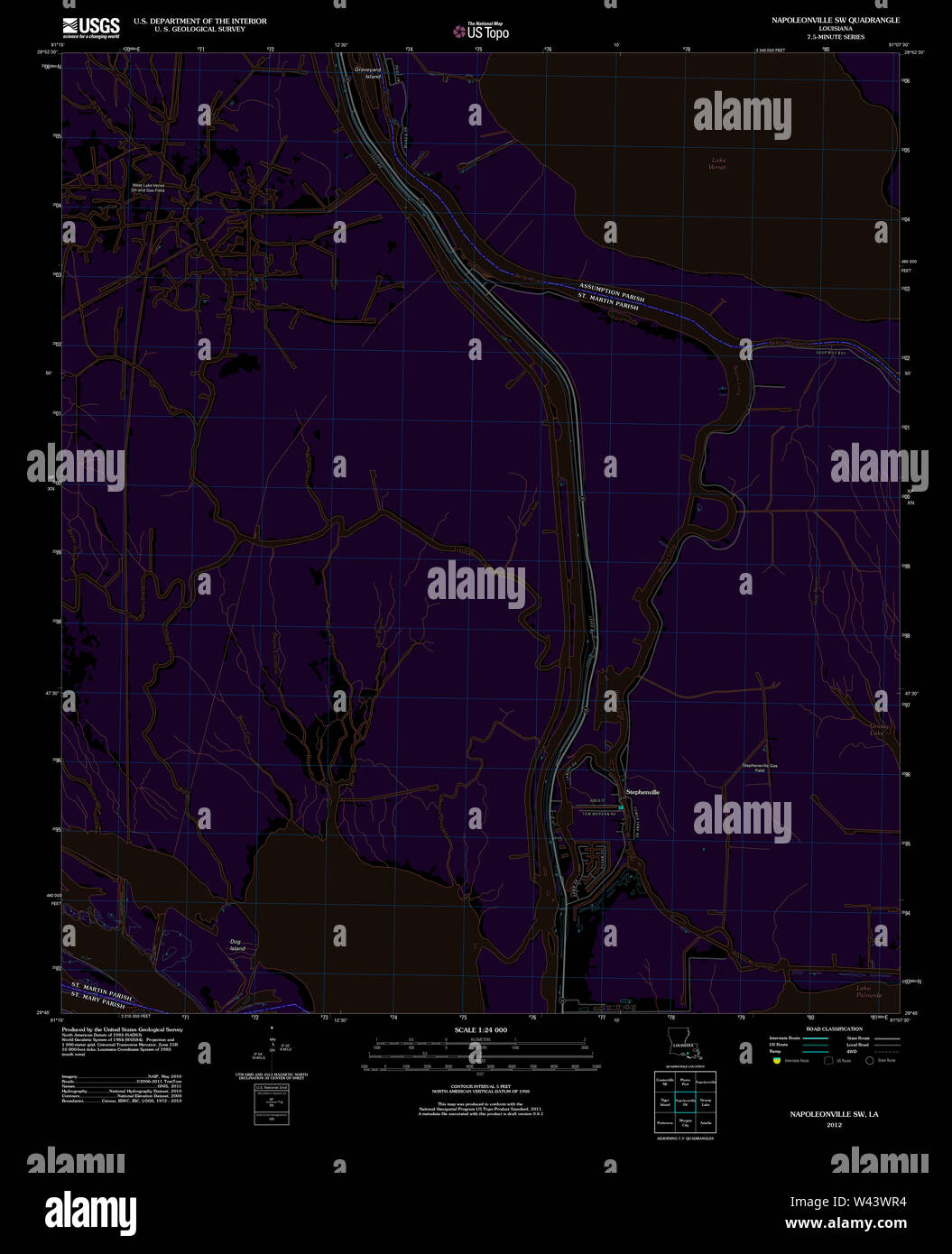 USGS TOPO Map Louisiana LA Napoleonville SW 20120405 TM Inverted Stock