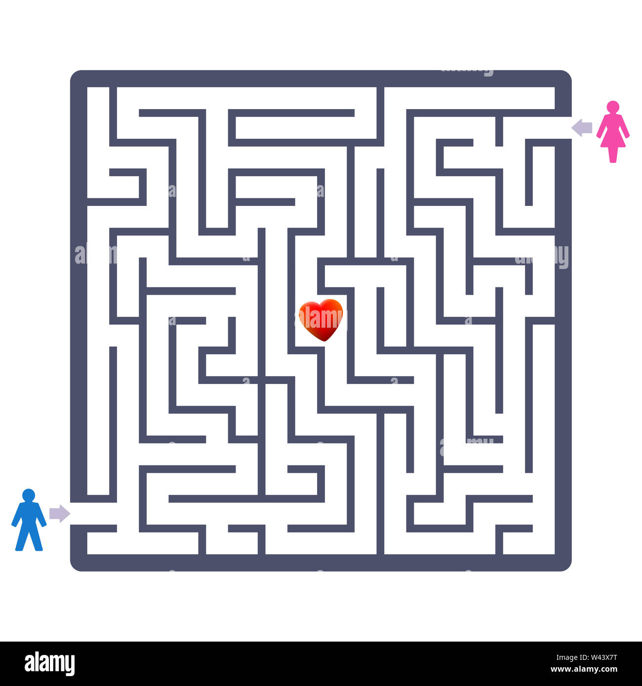 Love couple labyrinth with heart in the center. Finding your partner fun game - and a symbolic therapeutic agent concerning partner search or partners Stock Photo