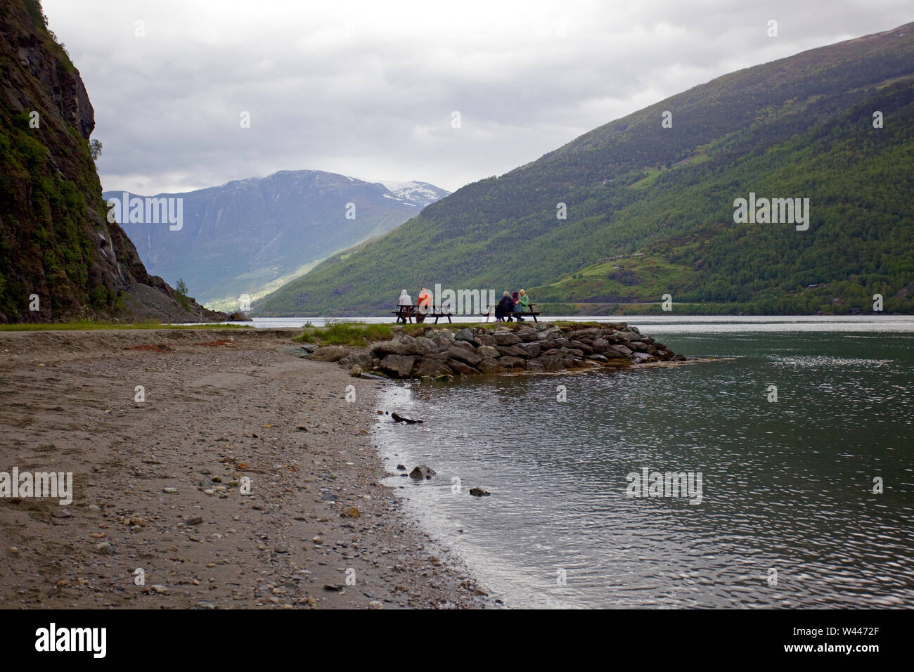 Flam beach looking out onto the fjords, Norway Stock Photo