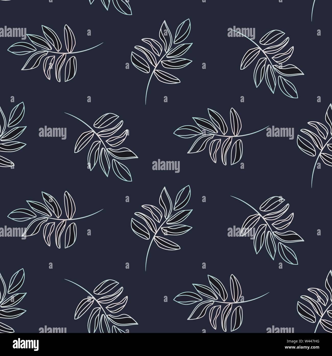 Hand drawn outline leaves deep blue colors seamless vector pattern. Stock Vector