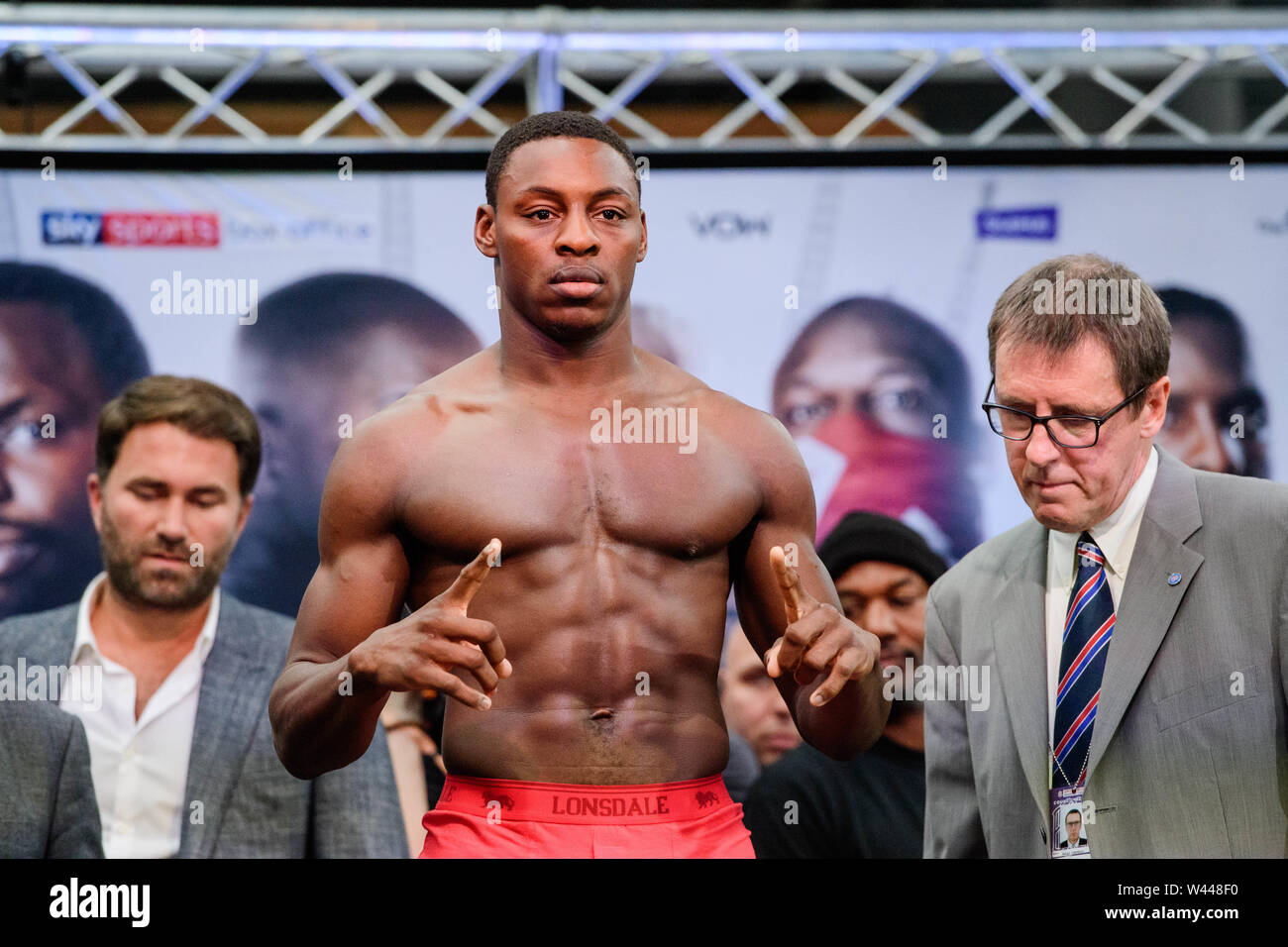 LONDON, UNITED KINGDOM. 19th Jul, 2019. Dan Azeez  during Matchroomboxing presents Dillian Whyte vs Oscar Rivas Weight-In at Spitalfiels Market on Friday, July 19, 2019 in LONDON, ENGLAND.  (Editorial use only, license required for commercial use. No use in betting, games or a single club/league/player publications.) Credit: Taka G Wu/Alamy Live News Stock Photo