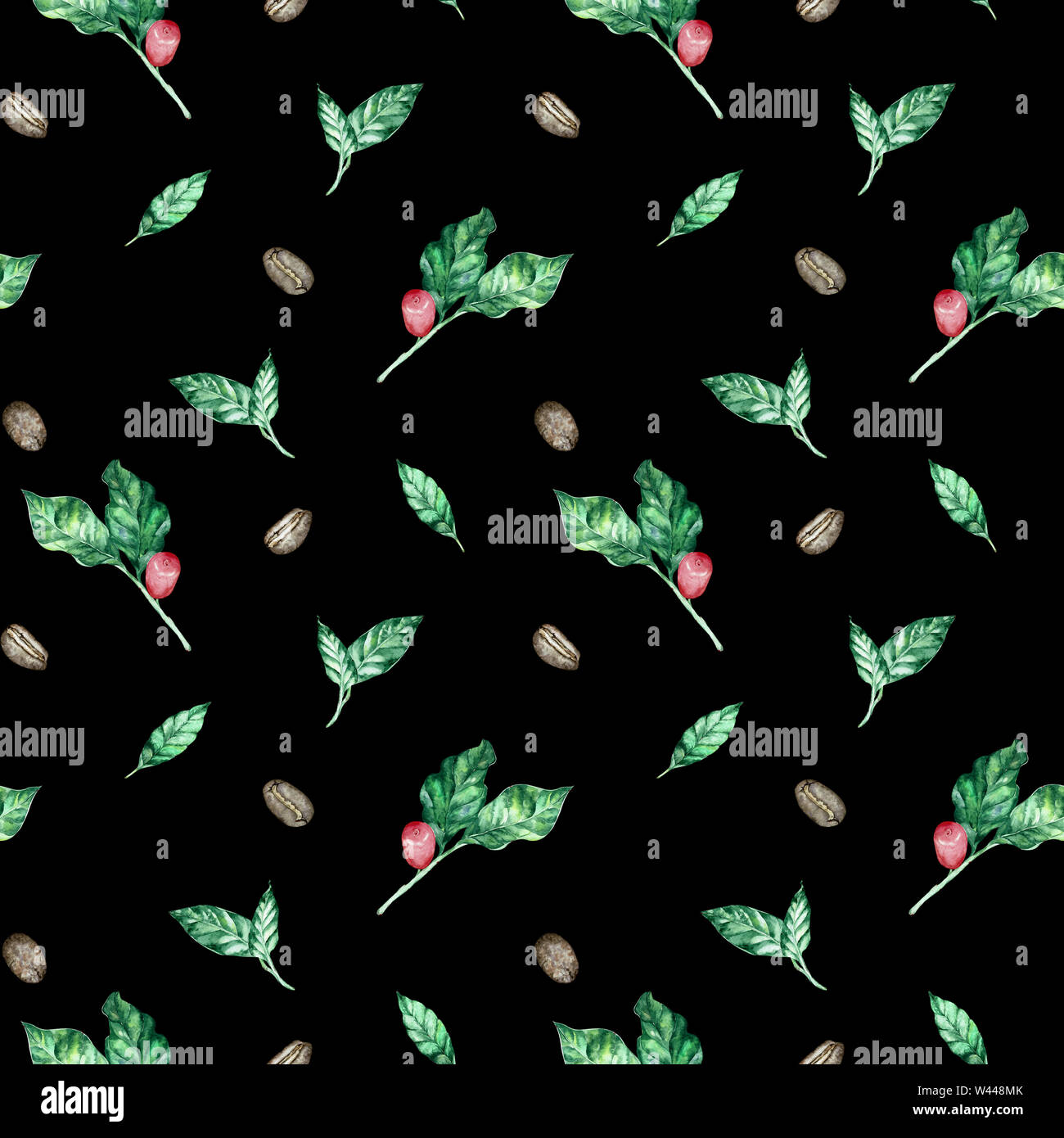 Watercolor seamless pattern with coffee branch with leaves and beans ...