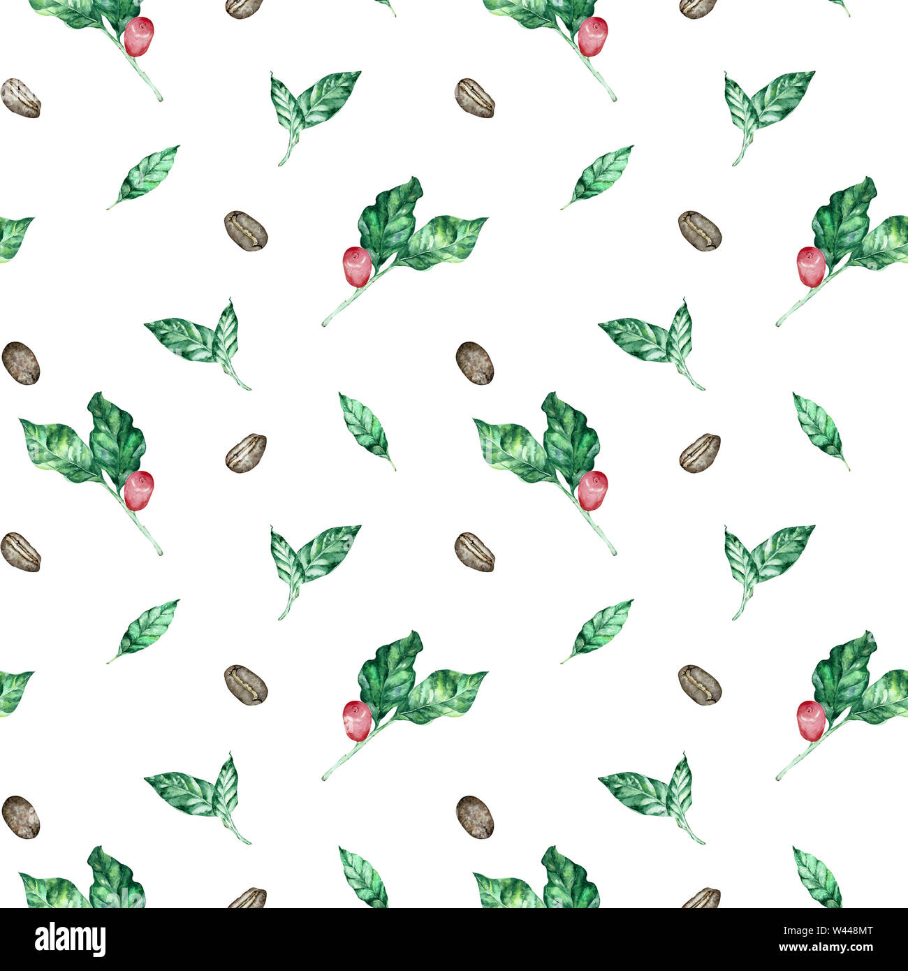 Watercolor seamless pattern with coffee branch with leaves and beans ...