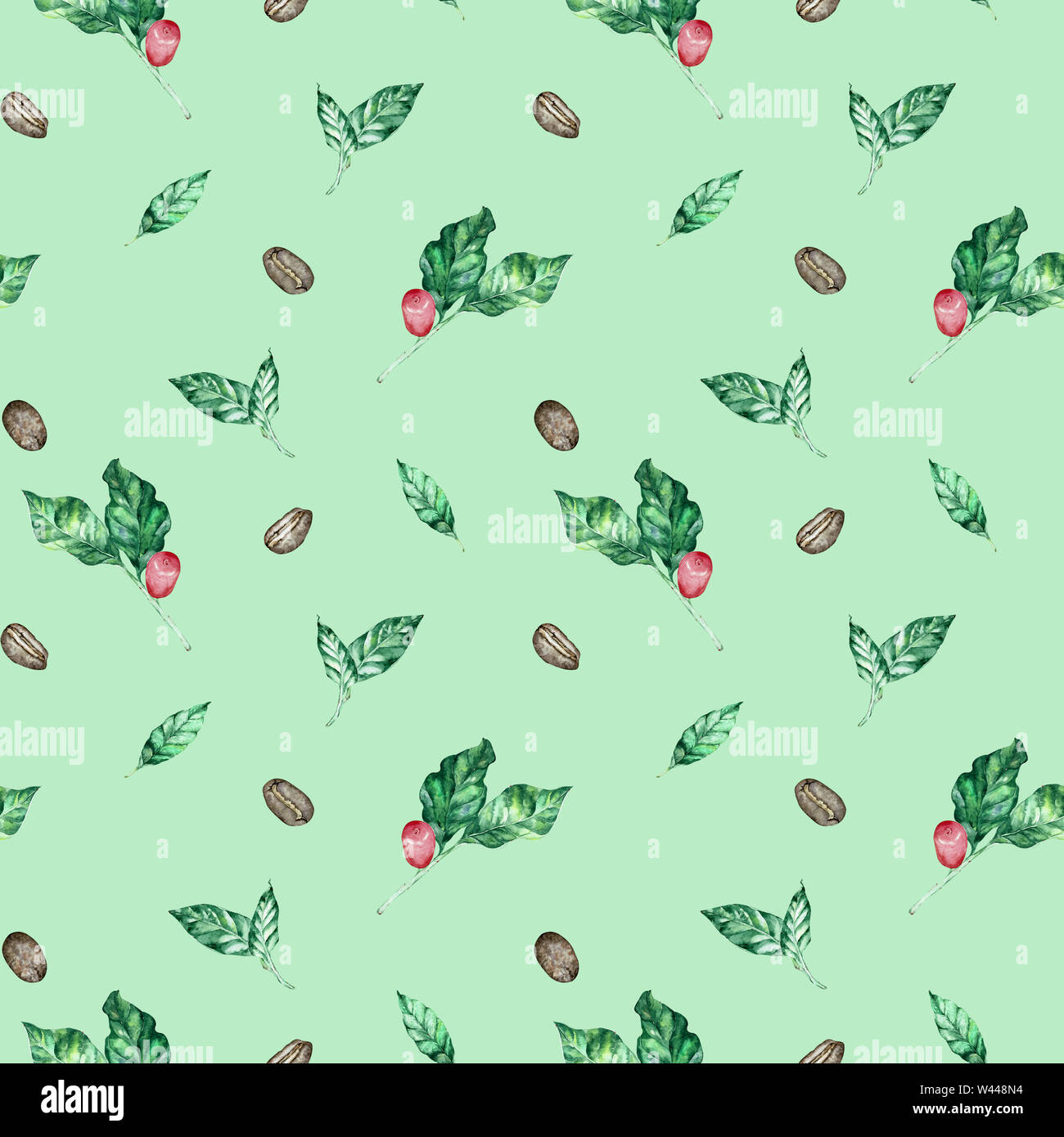 Watercolor seamless pattern with coffee branch with leaves and beans ...