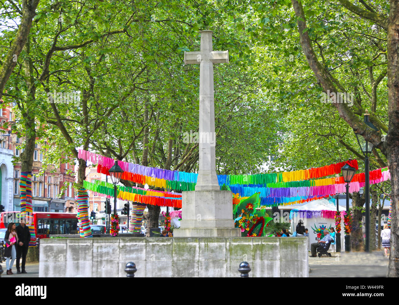 London, Great Britain -May 26, 2016: Chelsea War Monument, a memorial in Sloane Square and information point of the flower show Stock Photo