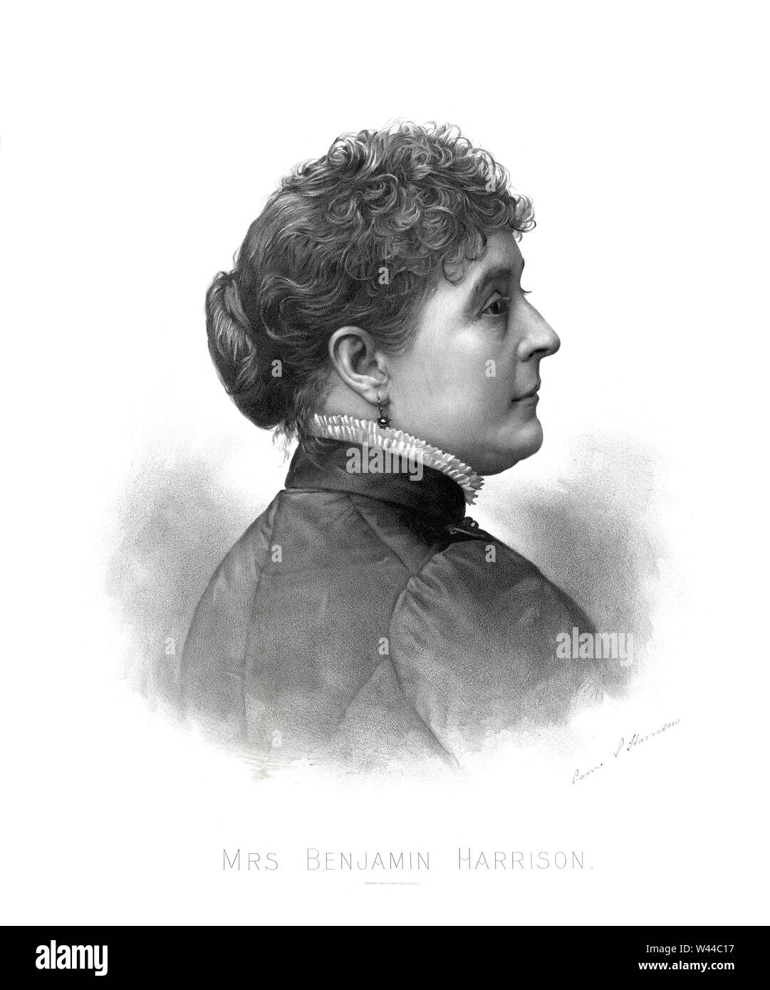 Caroline Harrison (1832-92), First Lady of the United States 1889-92, as Wife of U.S. President Benjamin Harrison, Illustration, Bufford's Son Lith. Co., 1888 Stock Photo