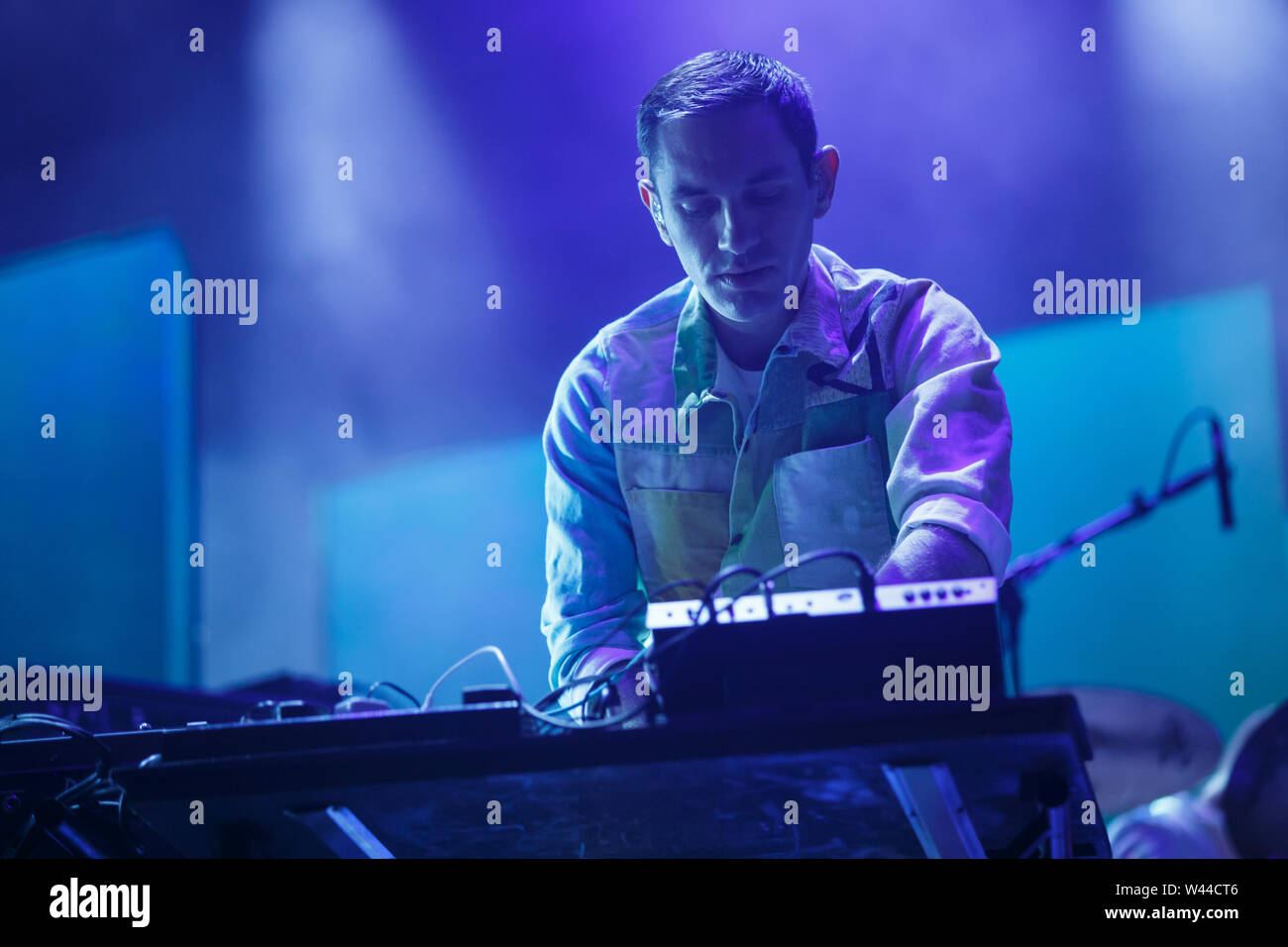Jodrell Bank, Cheshire. 19th July, 2019. Hot Chip perform live on the Main Stage at Bluedot Festival 2019 held in the shadow of the Lovell Telescope. Stock Photo