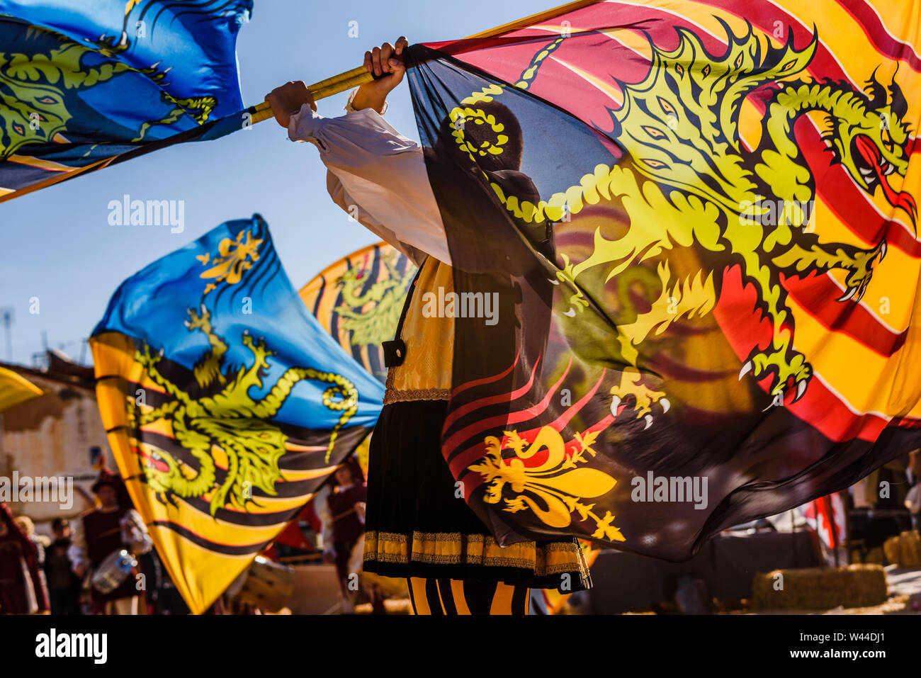 Through Ing Flags Valencia, Spain- January 27, 2019: Italian Flags-wavers, Sbandieratori ...