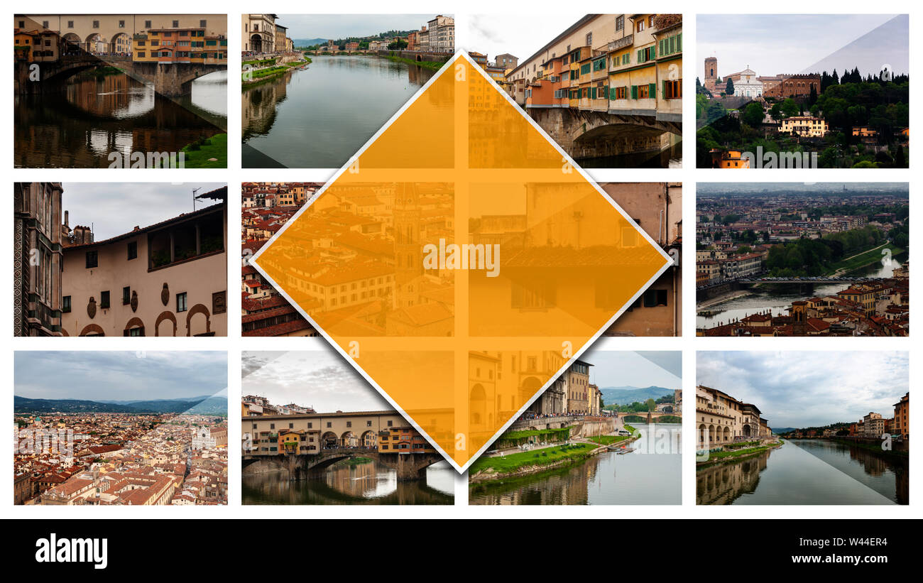 Collage photos of Florence, Italy, in 16: 9 format. UNESCO heritage and ...