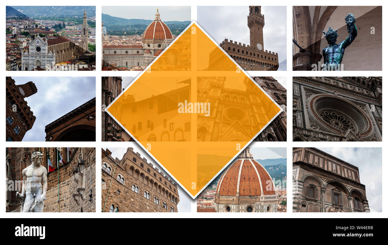 Collage photos of Florence, Italy, in 16: 9 format. UNESCO heritage and ...