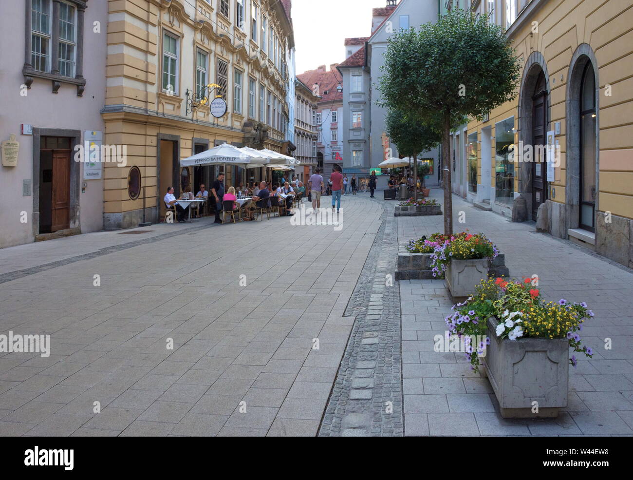 Graz/Austria - June 18, 2019: Pedestrian street with restaurants and ...