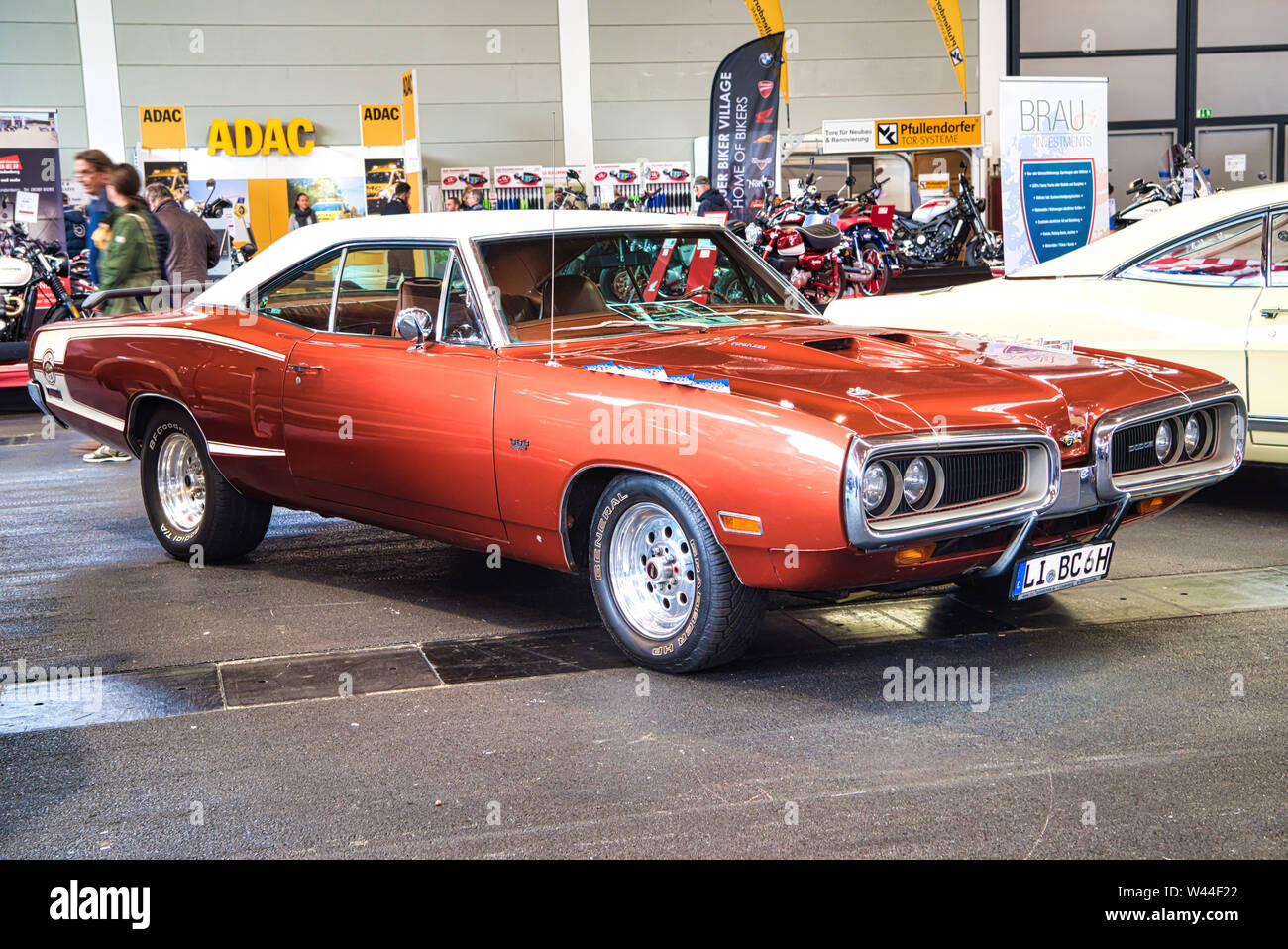 FRIEDRICHSHAFEN - MAY 2019: red orange DODGE SUPER BEE V 1970 coupe at Motorworld Classics Bodensee on May 11, 2019 in Friedrichshafen, Germany. Stock Photo