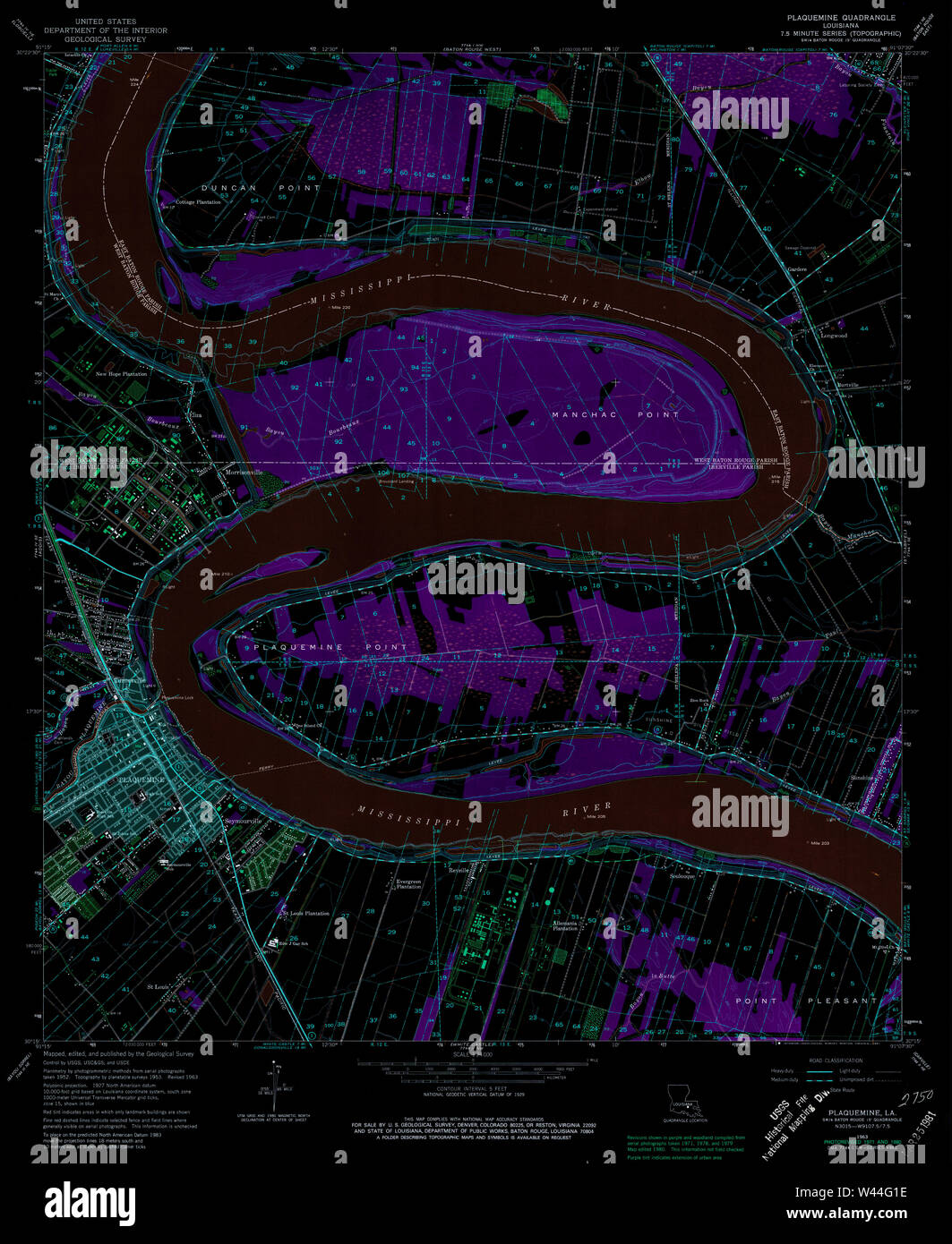 USGS TOPO Map Louisiana LA Plaquemine 333063 1963 24000 Inverted Stock Photo