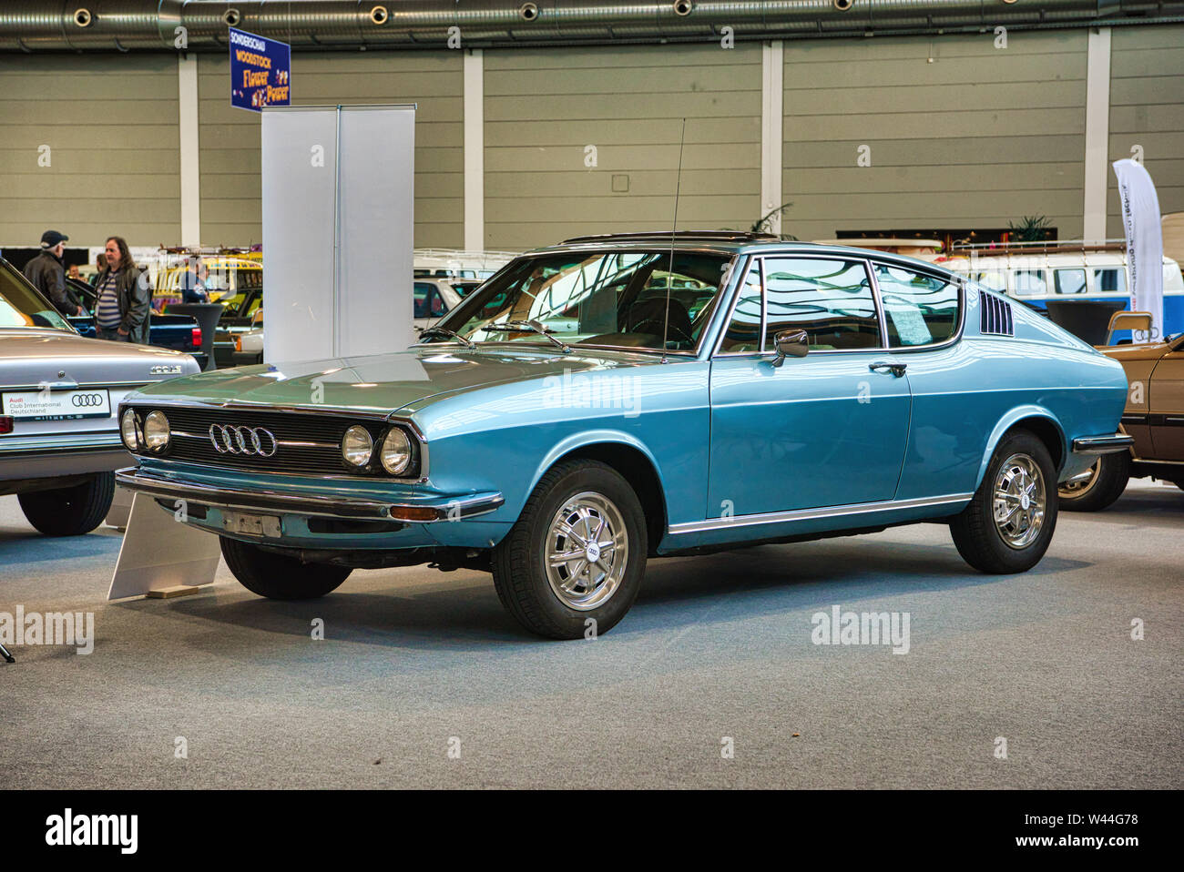FRIEDRICHSHAFEN - MAY 2019: blue AUDI 100 coupe S C1 F104 1970 at Motorworld Classics Bodensee on May 11, 2019 in Friedrichshafen, Germany. Stock Photo