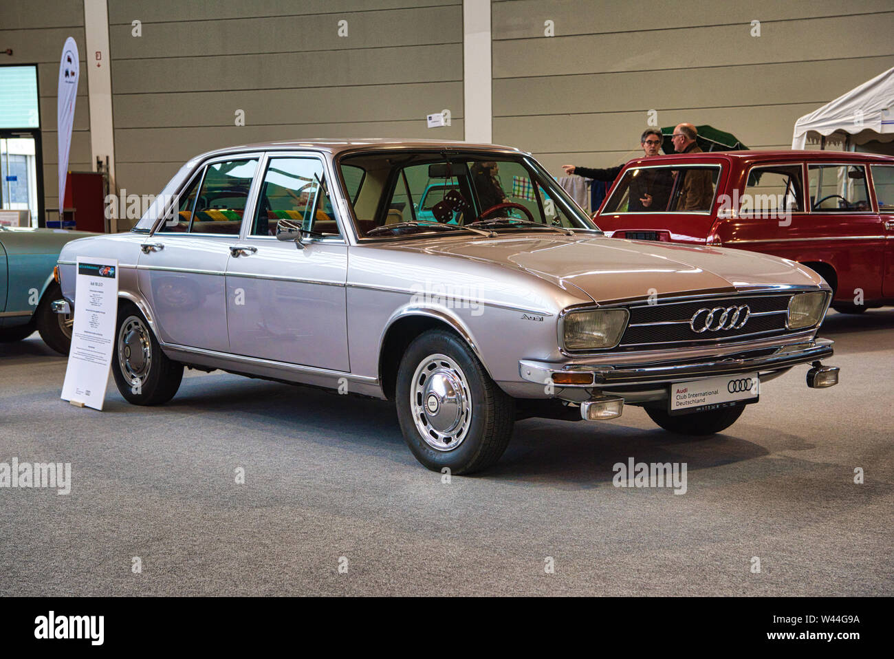 FRIEDRICHSHAFEN - MAY 2019: silver AUDI 100 LS C1 1968 sedan at Motorworld Classics Bodensee on May 11, 2019 in Friedrichshafen, Germany. Stock Photo