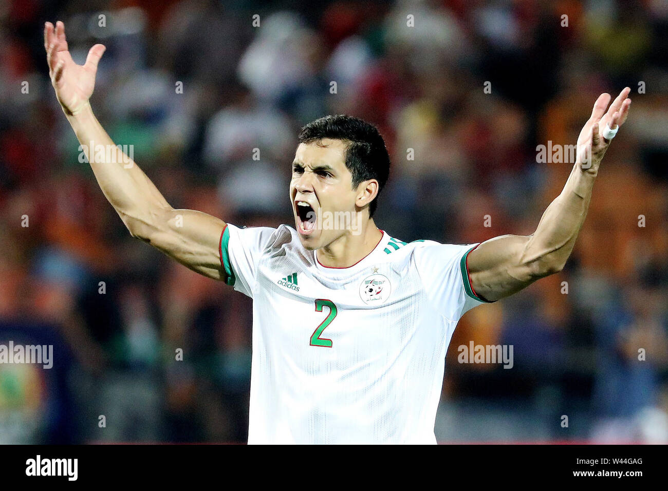 Cairo. 19th July, 2019. Aissa Mandi of Algeria reacts during the 2019 Africa Cup of Nations final match between Senegal and Algeria in Cairo, Egypt on July 19, 2019. Algeria won 1-0 and claimed the title. Credit: Wang Teng/Xinhua/Alamy Live News Stock Photo