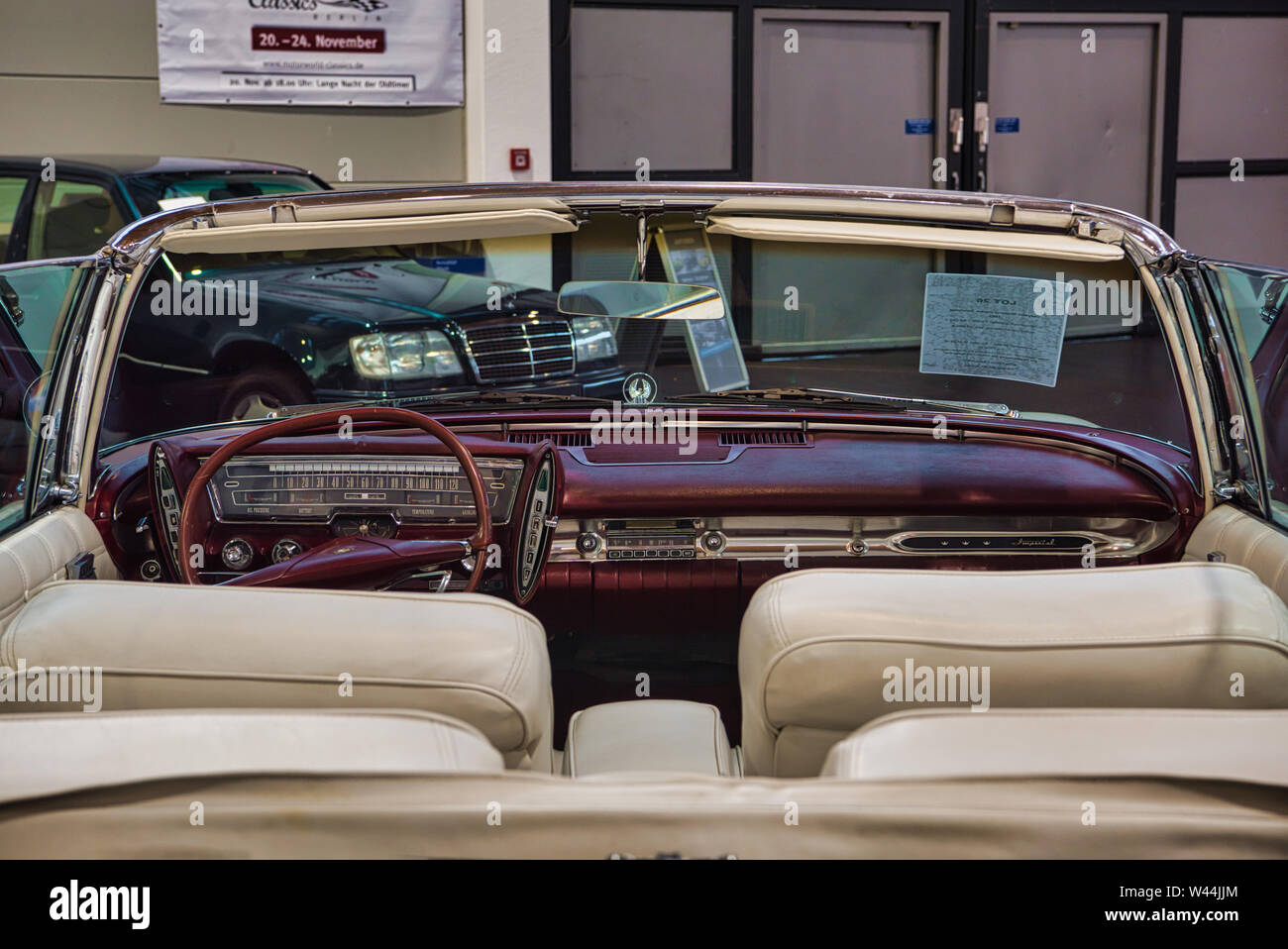 FRIEDRICHSHAFEN - MAY 2019: leather white red interior of CHRYSLER IMPERIAL CROWN 1963 cabrio at Motorworld Classics Bodensee on May 11, 2019 in Fried Stock Photo