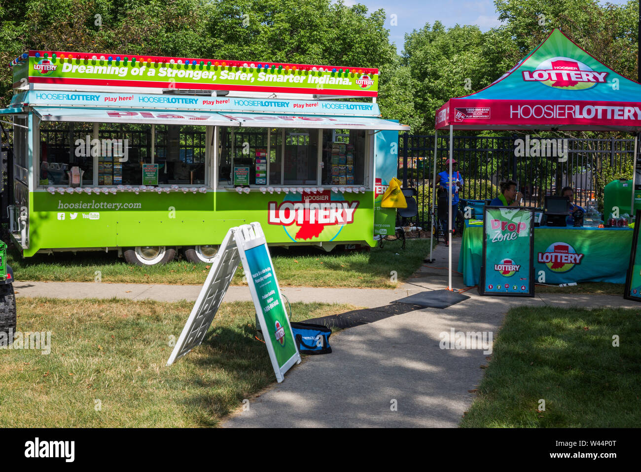 The Hoosier Lottery's trailer and tent at the Three Rivers Festival in downtown Fort Wayne, Indiana, USA. Stock Photo