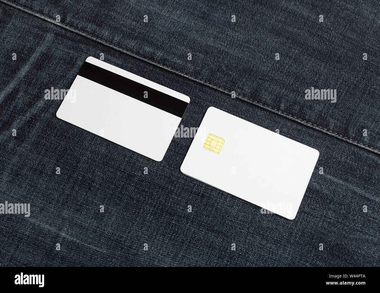 Blank bank cards on denim background. Credit cards. Front and back view ...