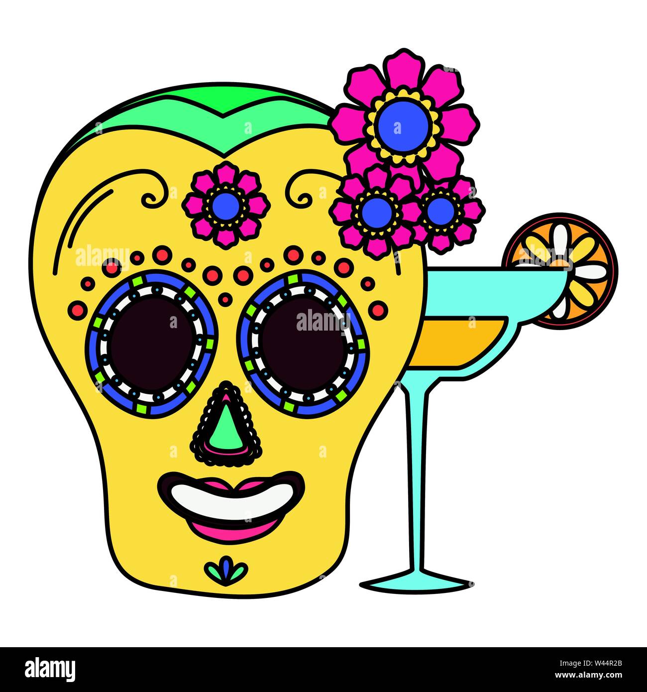 day of the dead skull mask and margarita cocktail Stock Vector