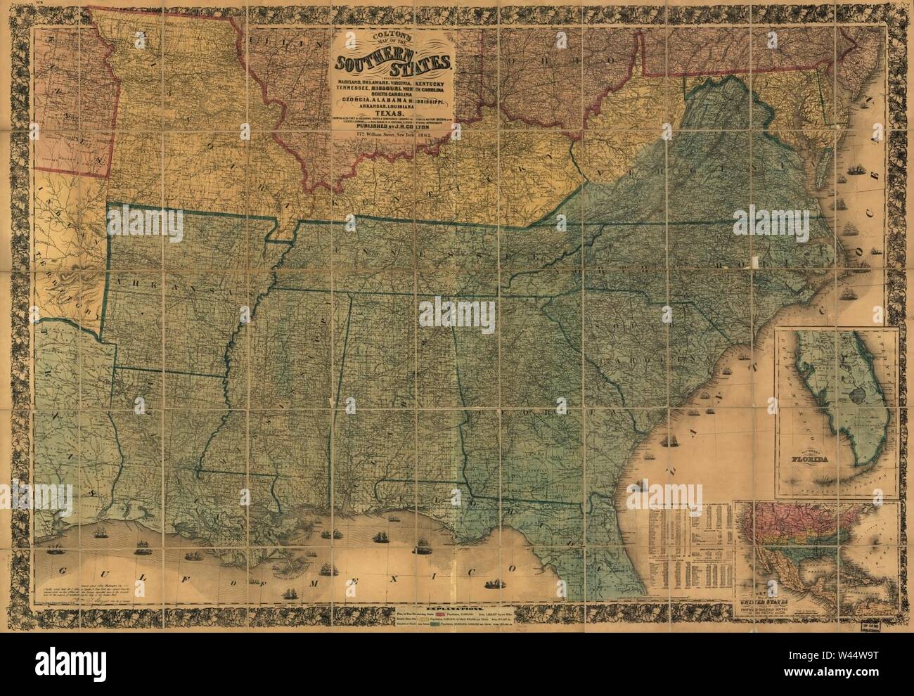 Colton's map of the southern states, including Maryland, Delaware, Virginia, Kentucky, Tennessee, Missouri, North Carolina, South Carolina, Georgia, Alabama, Mississippi, Arkansas, Louisiana, Texas, Stock Photo