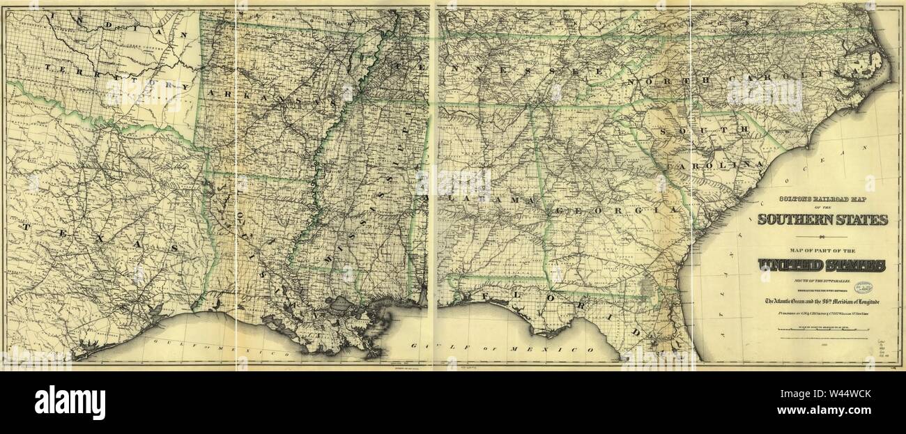 Map of meridian hi res stock photography - Coltons Railroad Map Of Part Of The United States South Of The 37th Parallel Embracing The Country Between The Atlantic Ocean And The 96th Meridian Of Longitude W44WCK