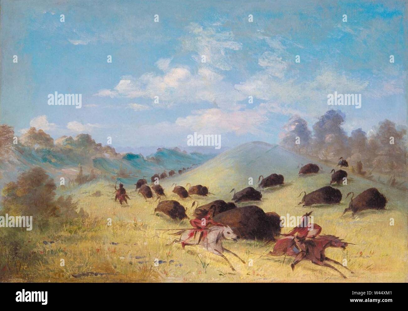 Comanche Indians Chasing Buffalo with Lances and Bows. Stock Photo