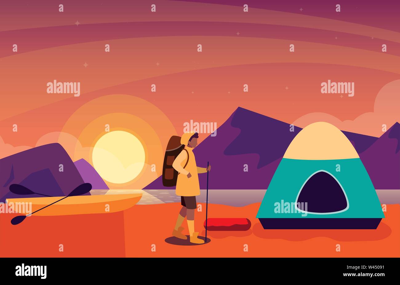 man with camping tent on the river shore vector illustration Stock ...