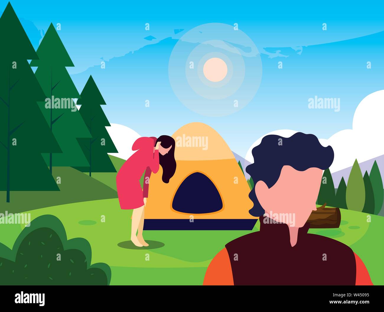 man and woman hiking camp tent forest vector illustration Stock Vector ...