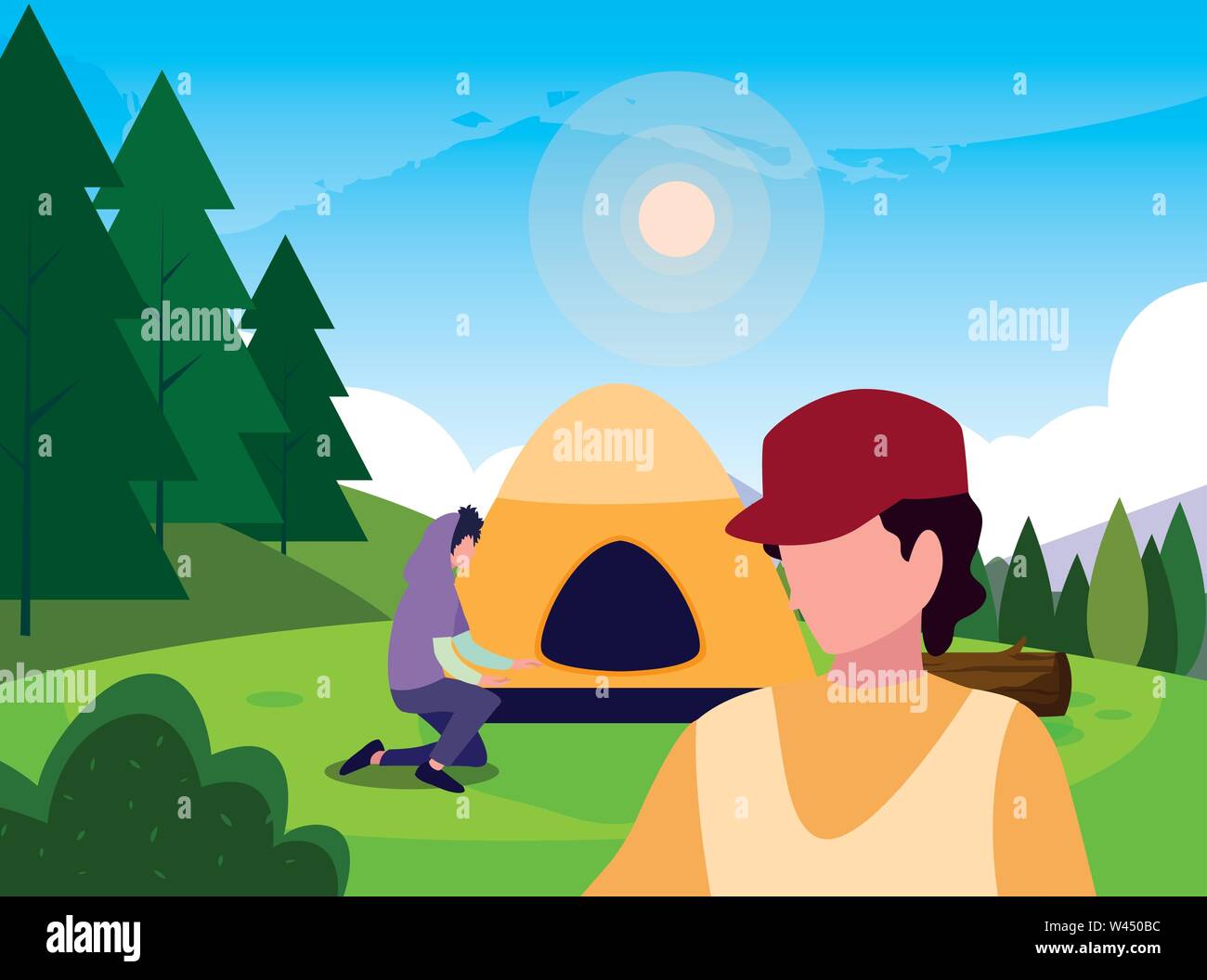 men camp tent forest trunk sunlight vector illustration Stock Vector ...