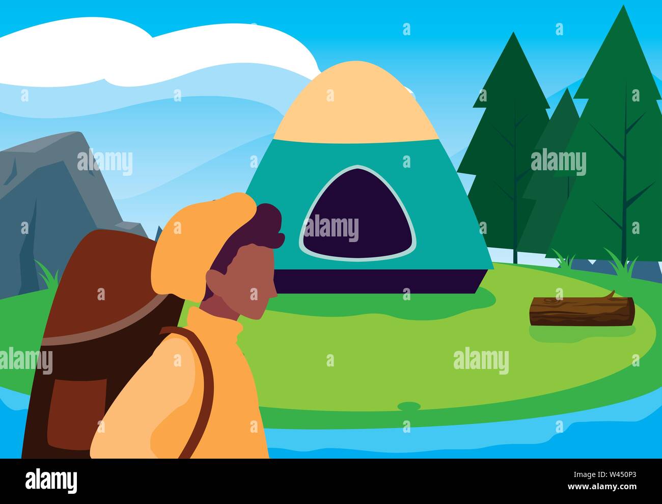 man camp tent river forest landscape vector illustration Stock Vector ...
