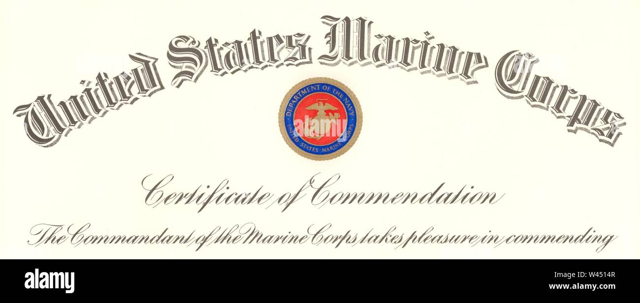 Commandant of the Marine Corps Certificate of Commendation 001. Stock Photo