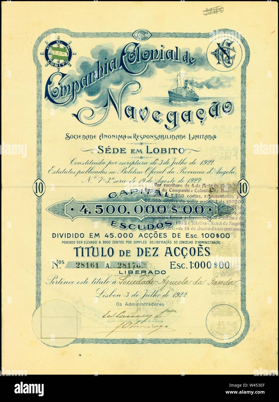 Companhia Colonial de Navegação 1922. Stock Photo