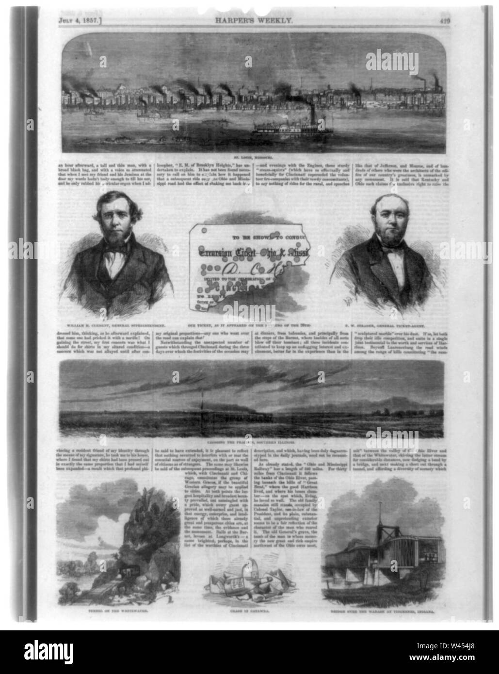 Composite of eight illustrations showing skyline view of St. Louis, Missouri, portraits of William H. Clement and P.W. Strader, train crossing the prairies, southern Illinois, tunnel on the Stock Photo