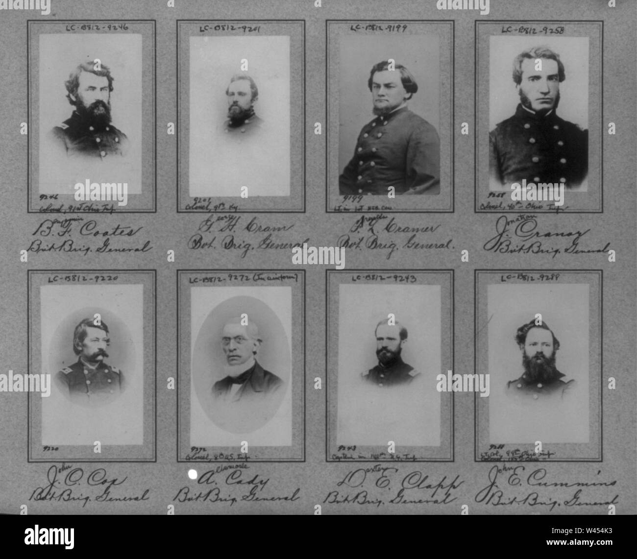 Composite of 8 bust photos of Brig. Generals Benjamin F. Coates, George H. Cram, Francis L. Cramer, Jonathan Cranor, John C. Cox, Albemarle Cady, Dexter E. Clapp, John E. Cummins Stock Photo