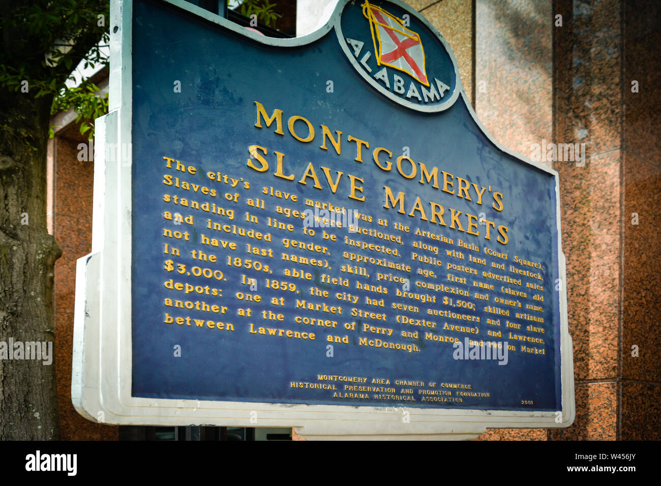 Close up of an Alabama historical marker detailing the Montgomery Slave Markets in the 1850s in Montgomery, AL, USA, Stock Photo